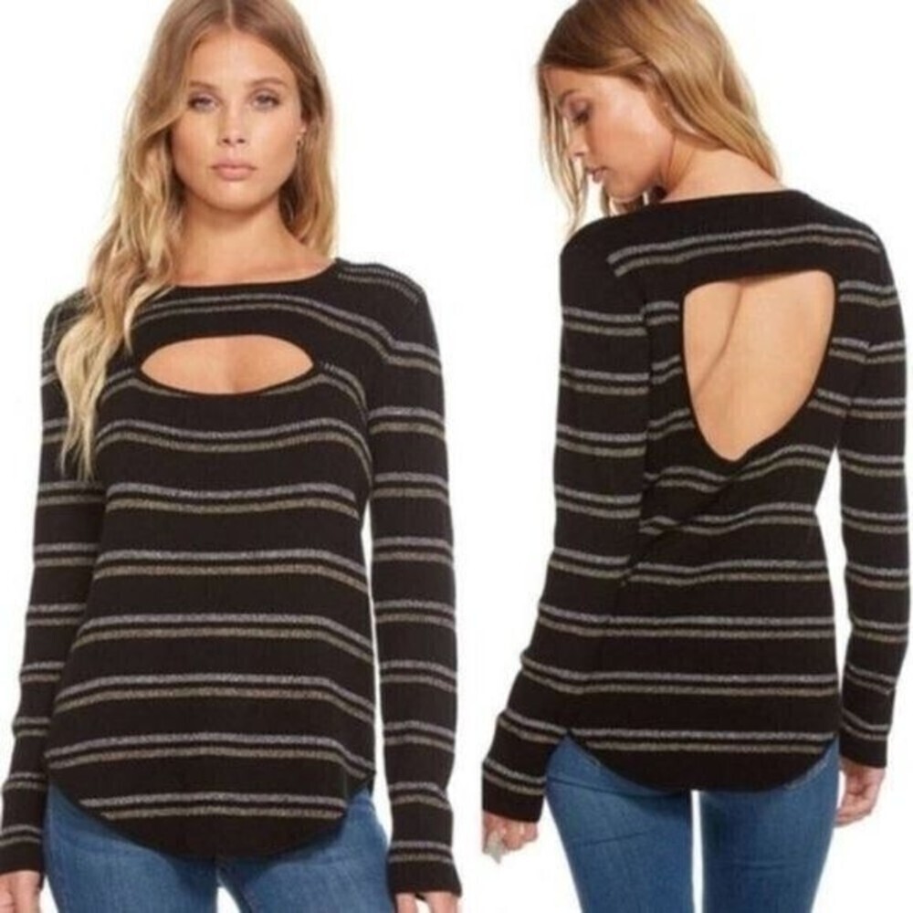 CHASER Metallic Stripe Cutout Sweater 